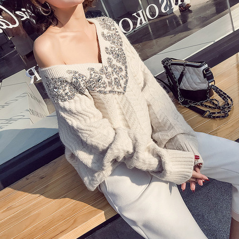 2022 Heavy Industry Hand Nail Bead V-neck Pullover Sweater Women's Loose Lazy Casual Knitting Twist Bottoming Fashion Sweaters ► Photo 1/6