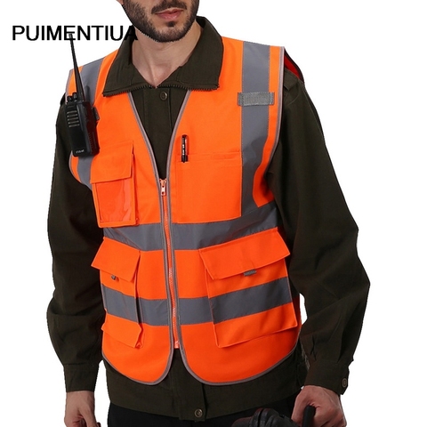 Puimentiua High visibility reflective safety vest work reflective vest multi-pocket overalls safety vest men's safety vest ► Photo 1/6