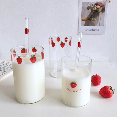 Korean Cute Glass Mug Straw Water Bottle Transparent Coffee Cup with Strawberries Gift Cups Milk Bottle Kawaii Bottle WJ824 ► Photo 1/4