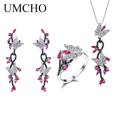 UMCHO 925 Sterling Silver Butterfly Jewelry Set Romantic Ruby Black Spinel Gemstone Rings Pendant Drop Earrings For Women Gift ► Photo 1/1