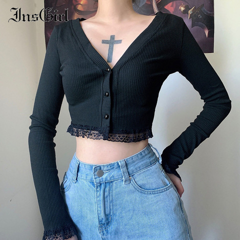 InsGirl Gothic Dark Black Punk Sexy Lace Patchwork Knitted T-shirt Women Long Sleeve V-neck Slim Street Bottom Cardigan Female ► Photo 1/6