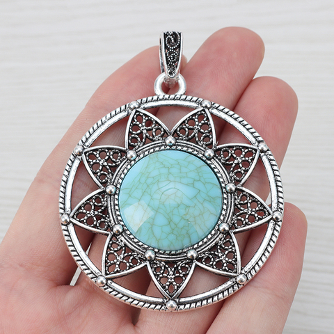 2 x Tibetan Silver Hollow Boho Large Round Faux Turquoise Stone Flower Charms Pendants for Necklace Jewelry Making 61x55mm ► Photo 1/3