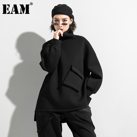 [EAM] Women Big Size Pocket Irregular T-shirt New Turtleneck Long Batwing Sleeve  Fashion Tide  Spring Autumn 2022 1DD1482 ► Photo 1/6