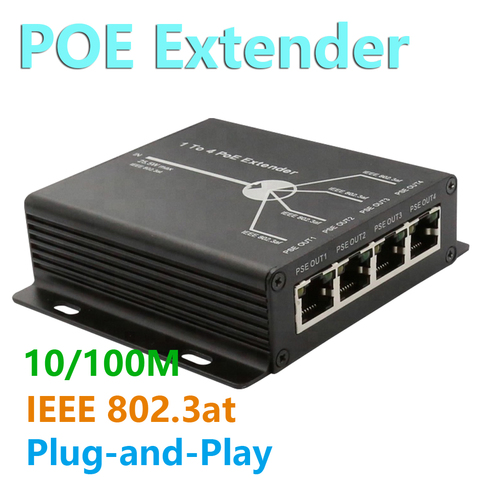 Newest 4 Port IEEE802.3af PoE Extender for IP camera Extend 120m transmission distance with 10/100M LAN ports ► Photo 1/6