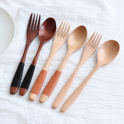 2PCS Natural Wooden Spoon & Fork Dinner Kit Rice Soups Utensil Cereal Handmade Home Tableware Dinnerware Cutlery For Kicthen ► Photo 1/6