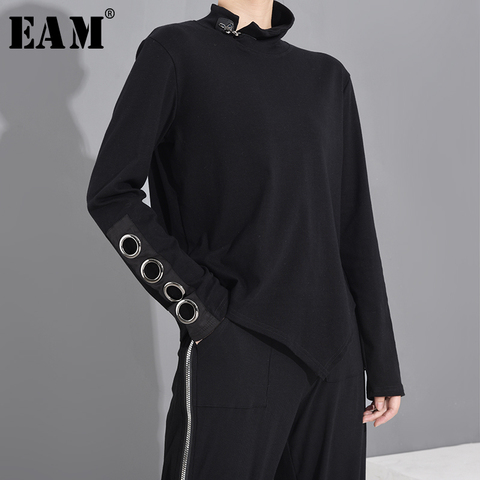 [EAM] Women Black Hollow Out Asymmetrical Split Joint T-shirt New Stand Collar Long Sleeve  Fashion Spring Autumn 2022 1M87401 ► Photo 1/6