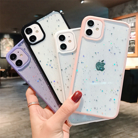 Gorgeous Clear Glitter Epoxy Shockproof Phone Case For iPhone 12 Mini 11 Pro Max XS Max XR X 6s 7 8 Plus Cute Star Sequins Shell ► Photo 1/6