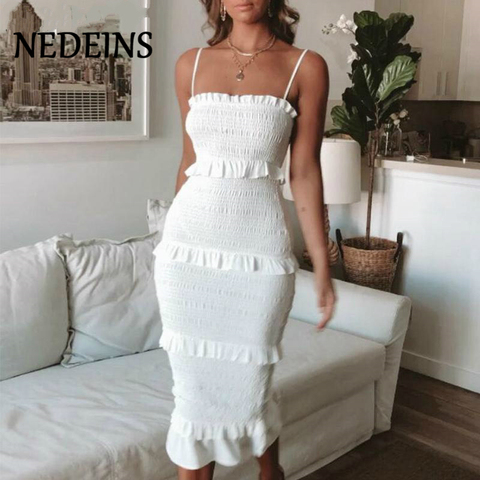 NEDEINS Summer Fashion Sling Long Dress Women 2022 Casual Party Dress Female Ruffles Vestidos Plus Size Natural Solid Dress ► Photo 1/6