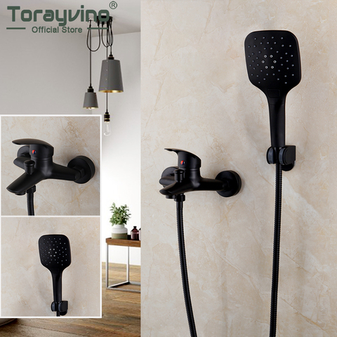 Torayvino Bathroom Bathtub Shower Faucet Set Black Wall Mount Rainfall Shower Head 2 Functions 1 Handle Shower Faucets Mixer Tap ► Photo 1/6