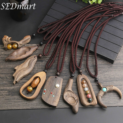 SEDmart Vintage Sandalwood Natural Stone Pendant Necklace for Women and Girls Long Sweater Chain Adjustable Jewelry GiftSouvenir ► Photo 1/6