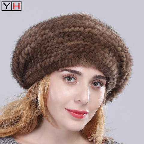 Hot Sale Lady real mink fur Berets Natural handmade knit mink fur hat winter fashion casual fur caps 100%real mink fur caps ► Photo 1/6