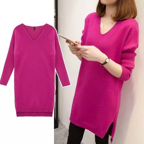 Plus size 4XL Fashion Women Pullover Sweater Dress Autumn Winter Loose V-neck Knitted Long Sweater Solid Casual Female Pullovers ► Photo 1/5