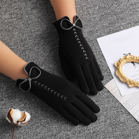 Winter Women's Outdoor Cycling Cashmere Warm Gloves Cute Bow Embroidery Thin Plus Velvet Touch Screen Driving Mittens L25L ► Photo 1/6