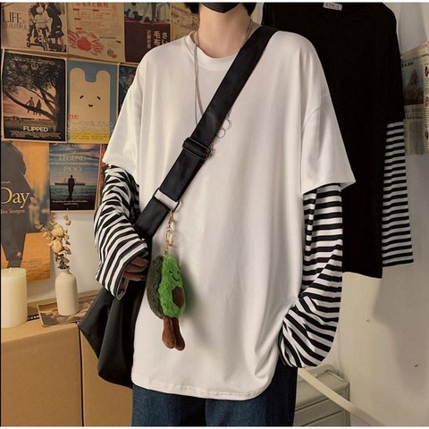 Long Sleeve Fake Two-piece T Shirt Striped Big Shirts Men Clothing Men Fashion 2022 New Oversized Tees Tiktok Clothes Tshirt ► Photo 1/6