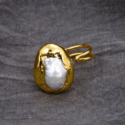 GuaiGuai Jewelry Natural Pearl  White Keshi Pearl Yellow Gold Color Plated Ring ► Photo 1/6