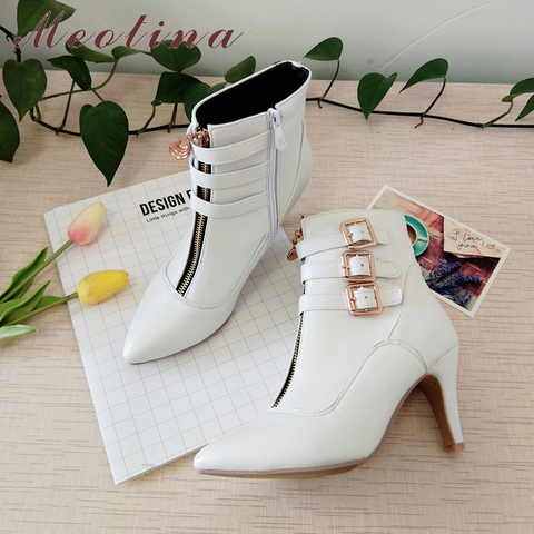 Meotina Shoes Women Boots Autumn High Heels Ankle Boots Pointed Toe Buckle Female Boots Zip Ladies Shoes White Big Size 44 45 11 ► Photo 1/6