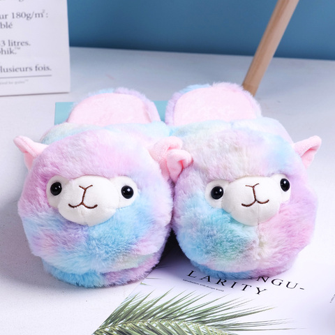 Cute Cartoon Alpaca Home Women Fur Slippers Winter Warm Plush Parent-child Floor Slides House Flat Bedroom Women Furry Slippes ► Photo 1/6