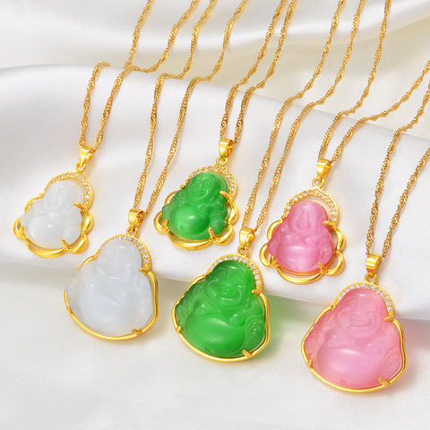 Anniyo Buddha Pendant Necklaces Women Pink/White/Green Amulet Chinese Style Maitreya Charms Jewelry Style Christmas Gift #242606 ► Photo 1/4