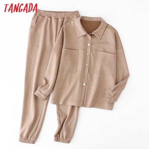 Tangada women's set solid suede oversized jacket pants set 2022 autumn winter suit 2 piece set coat and pants 6L36 ► Photo 1/6