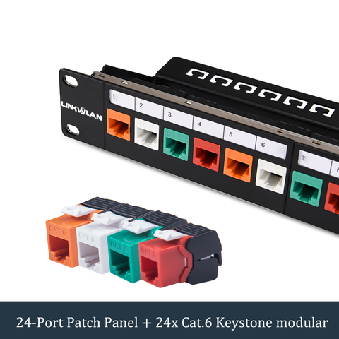 19 inch 24-Port Cat6 Modular Patch Panel Incl. 24pcs RJ45 Tool-less Keystone Jacks (Mixed Color Jacks: Red+Orange+White) ► Photo 1/6