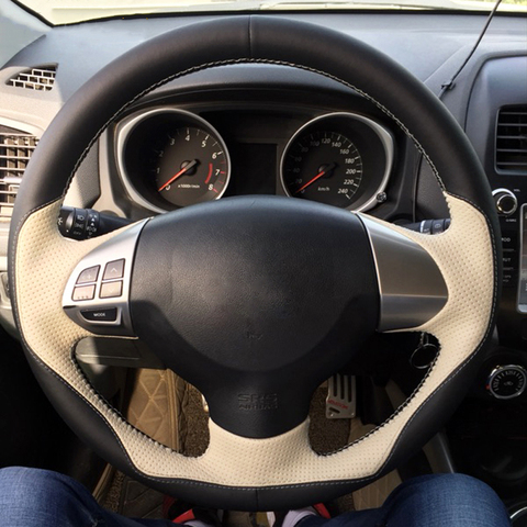 Shining wheat Black Genuine Leather Steering Wheel Cover for Mitsubishi Lancer X 10 2007-2015 Outlander 2006-2013 ASX 2010-2013 ► Photo 1/1