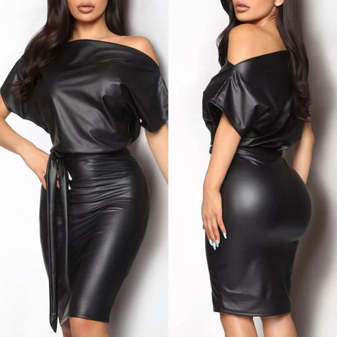 New Women off Shoulder Long Sleeve PU Leather Casual Black Wet Look Bodycon Bandage Party Belted Pencil Cocktail Club Mini Dress ► Photo 1/6