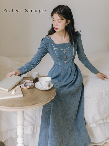 2022 Autumn Winter New Arrival Retro Square Collar Stripe Long Sleeve Woman Velvet Long Dress ► Photo 1/6