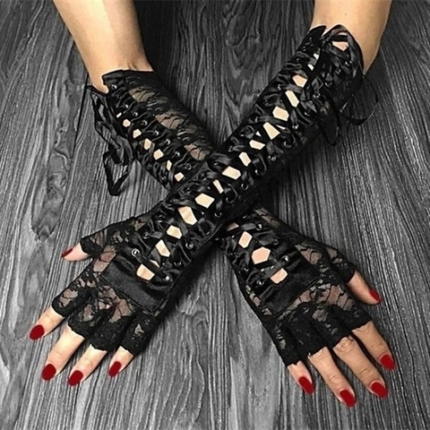 1 Pair Halloween Retro Women's Long Gloves Lace Corset Arm Elbow Fingerless Glove Black ► Photo 1/6