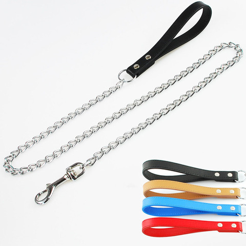 Durable Anti-Bite Metal Dog Chain Lead For Small Medium Large Dog Chain Leash Handle Leads PU Leather Iron Chain Pet Accessories ► Photo 1/6