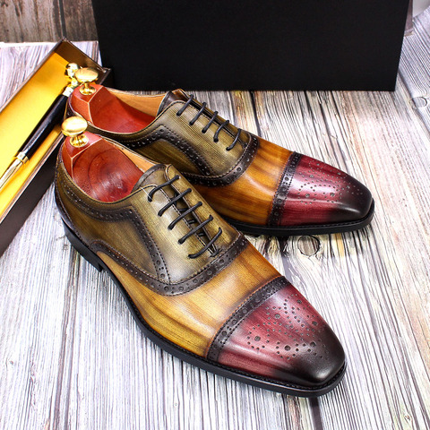 Handmade Mens Dress Shoes 100% Calf Leather Cap Toe Oxford Mixed Colors Lace Up Luxury Brogue Wedding Party Formal Shoes for Men ► Photo 1/6