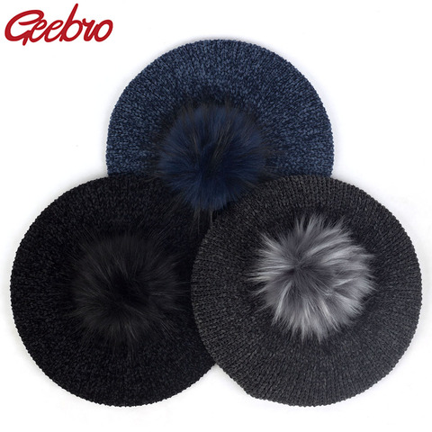 Geebro Female Winter Warm Knitted Chenille Berets With Faux Fur Pom Pom Elegant Women Hats Girl Bonnet Caps Plain Hat Beret ► Photo 1/6