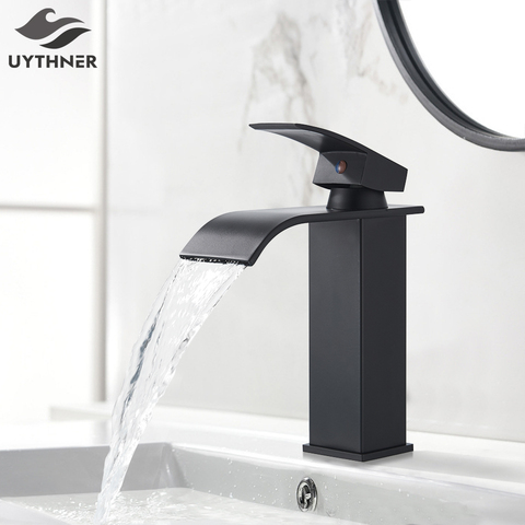 Bathroom Waterfall Basin Sink Faucet Black Faucets Brass Bath Faucet Hot&Cold Water Mixer Vanity Tap Deck Mounted Washbasin tap ► Photo 1/6