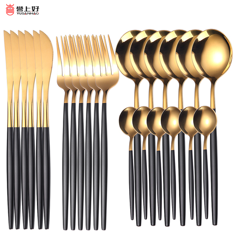 24pcs Upscale Gold Dinnerware Set Stainless Steel Tableware Set Knife Fork Coffee Spoon Flatware Set Dishwasher Safe Cutlery Set ► Photo 1/1