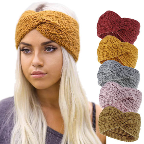 Buy Online Winter Warmer Ear Knitted Headband Turban For Women Crochet Bow Wide Stretch Solid Hairband Quality Headwrap Hair Accessories Alitools