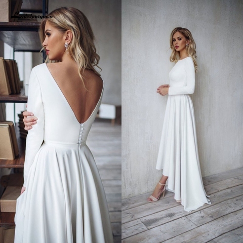 Lakshmigown Chic Boho Wedding Dress Satin V-Back Sexy High Low Bridal A-line Wedding Dresses Long Sleeves 2022 ► Photo 1/5