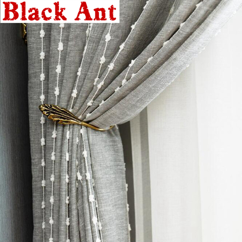 Japanese Style Gray Tulle Curtain White Cotton ball Vertical Stripes Embroidery Window Screen Living room Bedroom Balcony J734#3 ► Photo 1/6