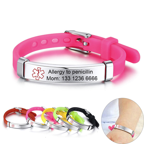 Personalize Custom Kids Medical Alert ID Bracelets for Boys Girls Anti Allergy Stainless Steel Silicone Emergency Remind Info ► Photo 1/6