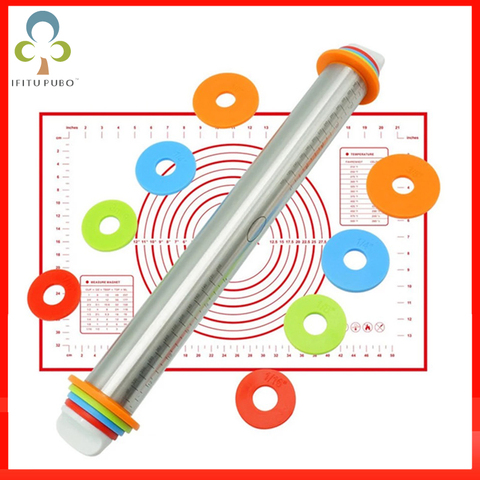 Adjustable Stainless Steel Rolling Pin Dough Mat Dough Roller 4 Removable Adjustable Thickness Rings Pizza Pastry Pie Baking ZXH ► Photo 1/6