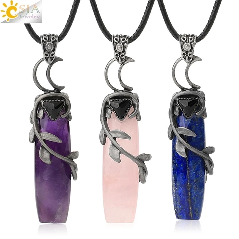 CSJA Antique Silver Color Pendant Necklaces Natural Crystal Stones Leaves Winding Faceted Rectangle Long Pendants Women Men G587 ► Photo 1/6