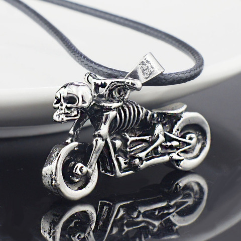 Male Gothic Punk Skeleton Motorcycle Titanium Stainless Steel leather chain Pendant Necklace X545 ► Photo 1/3