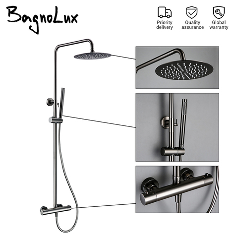 Thermostat Shower Mixer Valve Set Bathroom Thermostatic Faucet Wall Mount Shower Arm Diverter With Handheld Spray & Rain Head ► Photo 1/6
