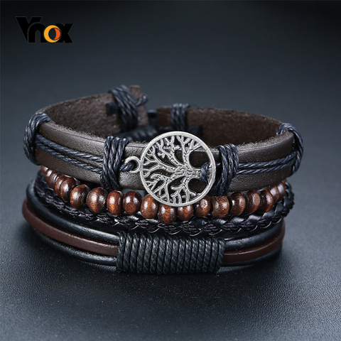 Vnox 4Pcs/ Set Braided Wrap Leather Bracelets for Men Vintage Life Tree Rudder Charm Wood Beads Ethnic Tribal Wristbands ► Photo 1/6