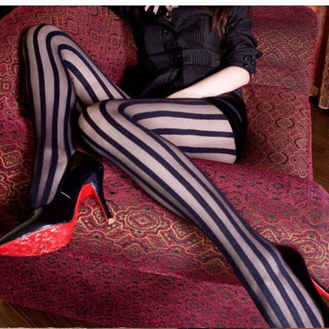 1 Pair Hot Sale Women Fashion Sexy Black Stripes Pattern Stockings Tights Lace Full Foot Elasticity Fine Ladies Pantyhose ► Photo 1/6