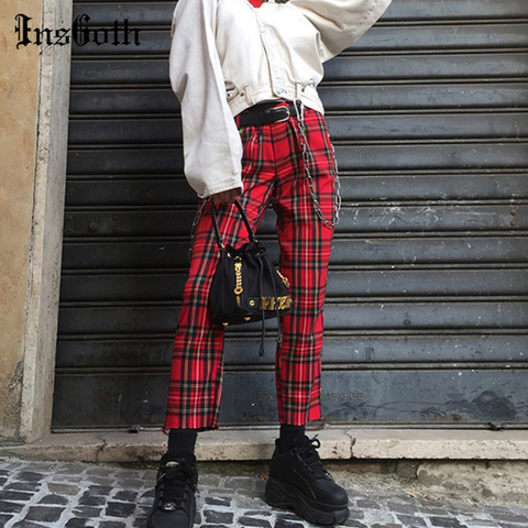 InsGoth Punk Streetwear Red Plaid Striaght Pant Women Gothic Harajuku High Waist Long Trousers Casual Partwork Slim Pant Fashion ► Photo 1/6