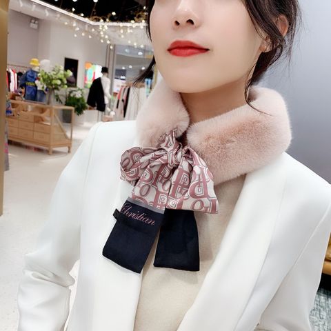 2022 New Long Skinny Silk Letter Leopard Printed Hair Head Scarf with Winter Warm Faux Fur Neck Collar Scarves for Women Foulard ► Photo 1/6