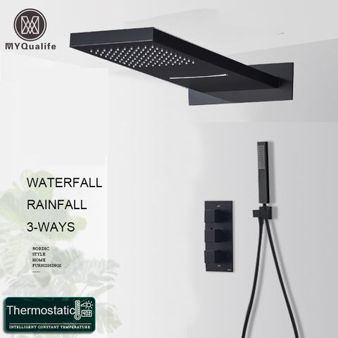 Matte Black  Rain Waterfall Shower Set Thermostatic Mixer Bath Shower Mixer Tap 3 ways Shower Faucet Wall Mounted ► Photo 1/6