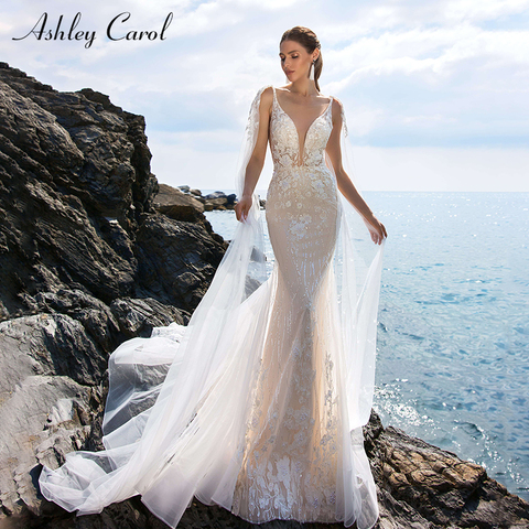 Ashley Carol Vintage Mermaid Wedding Dress Deep V-neckline Spaghetti Straps Elegant Abiye Bride Gown Vestido De Noiva Customized ► Photo 1/6