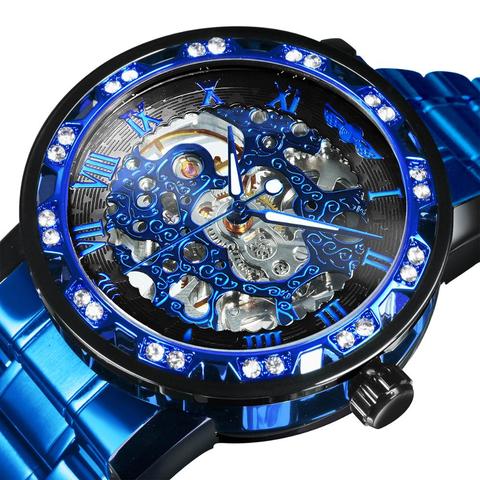 WINNER Official Royal Skeleton Mechanical Watch Men Crystal Iced Out Mens Watches Top Brand Luxury Steel Strap Business Clock ► Photo 1/6