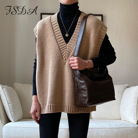 FSDA V Neck Knitted Vest Sweater Sleeveless Women Khaki Casual Pullover Black 2022 Autumn Winter Gray Jumper Fashion ► Photo 1/6