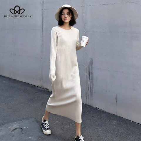 Bella philosophy Autumn Winter Knitted Dress Vintage Long Sleeve Lady Loose Women Sweater Dress Lady Warm Robe Dresses Vestidos ► Photo 1/6